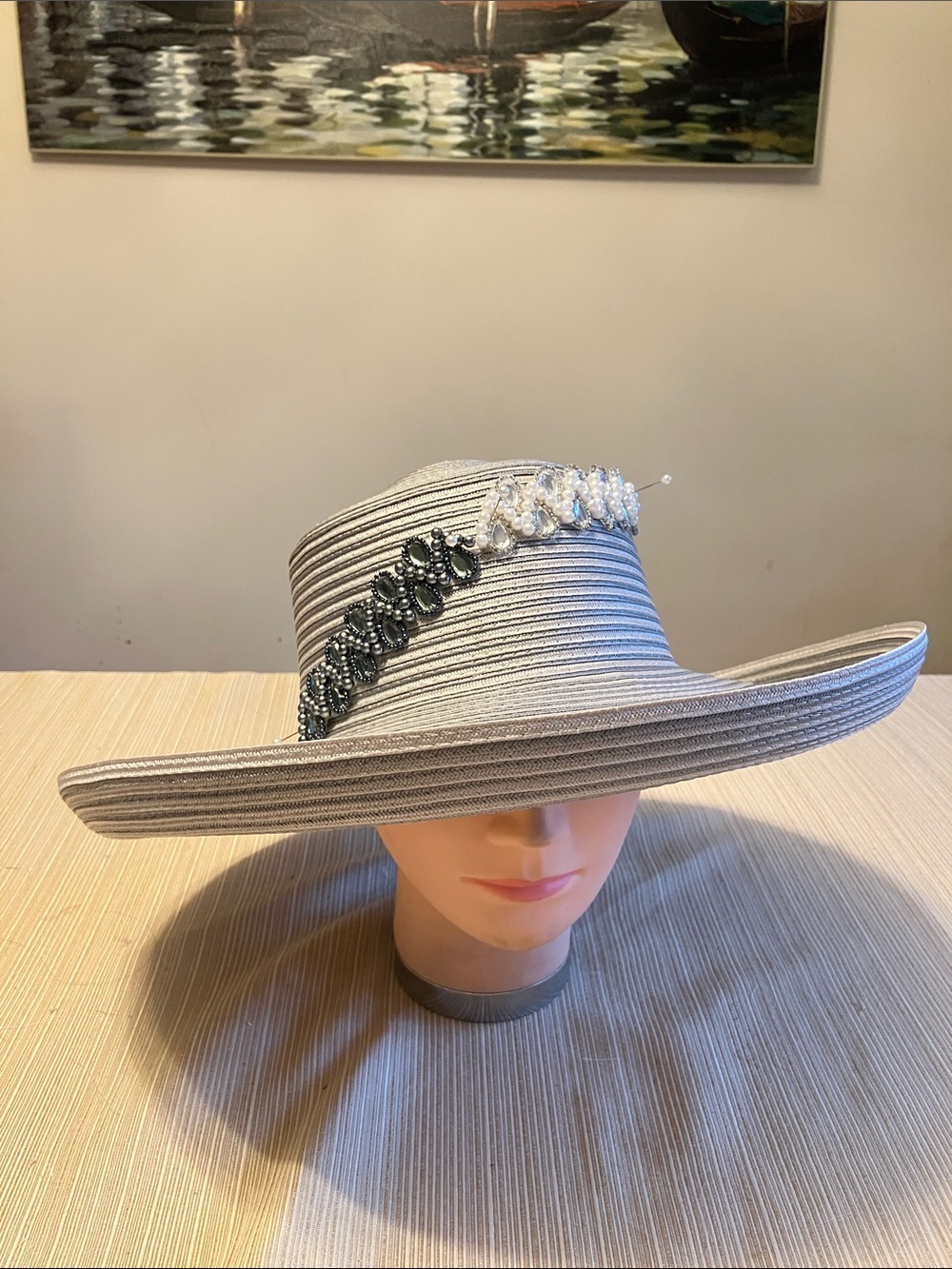 Elegant  Light Gray Wide-Brim Hat With Crystal and Beaded Embellishments